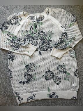 Frenchi Cream Open-Knit Floral Sweater with Navy and Green Print